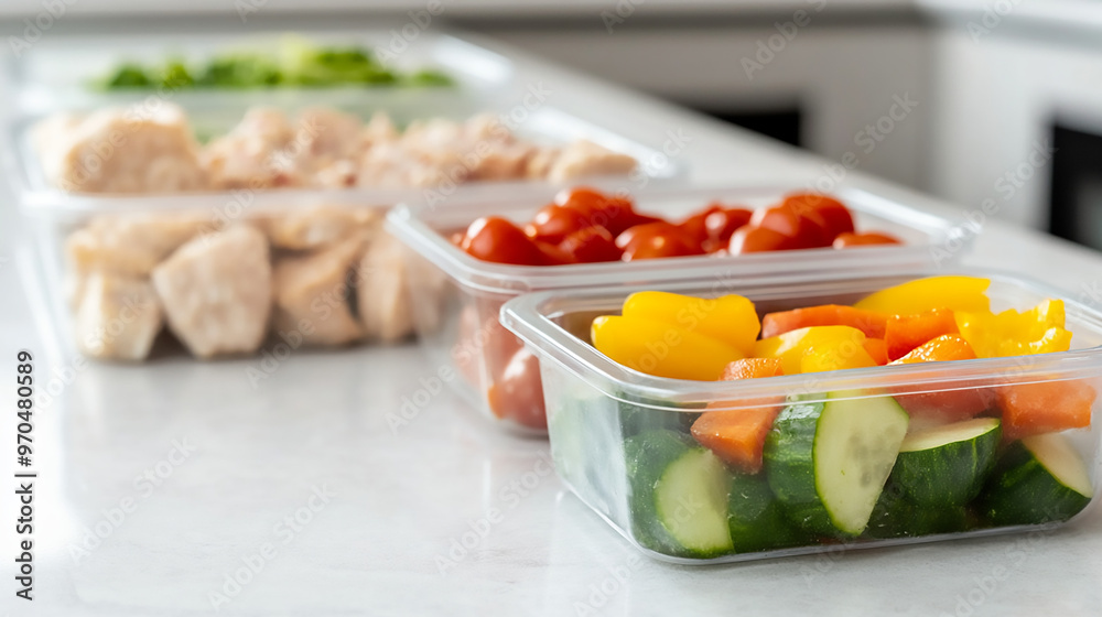 A meal prep scene with fresh vegetables and lean proteins on a kitchen counter, brightly lit, clean, and inspiring healthy living concept. A meal prep scene with fresh vegetables and lean proteins on a kitchen counter, brightly lit, clean, and inspiring healthy living concept.