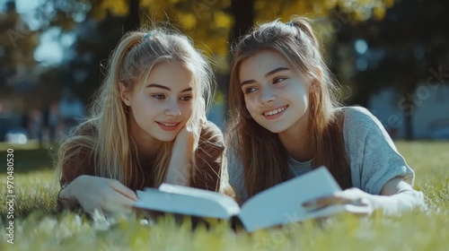 Two friends enjoy reading together on a sunny afternoon in a park surrounded ...