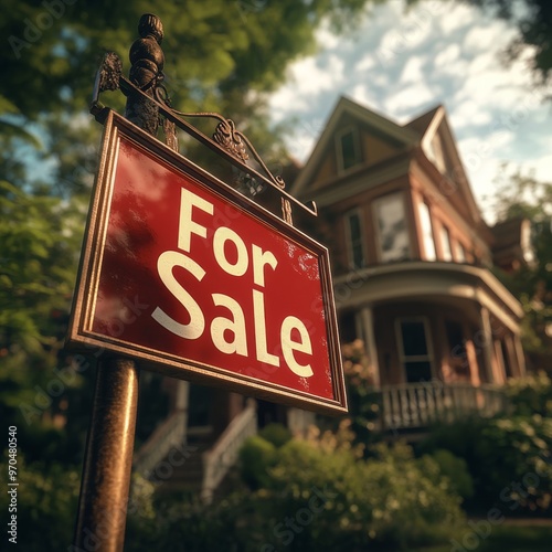 Beautiful red-bricked house with a for sale sign in the front yard during sunset