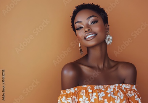 Smiling woman with short curly hair wearing an orange floral top against a wa...