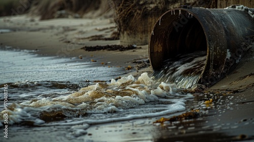 industrial pipe discharging wastewater onto a sandy beach