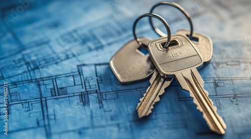 Three keys resting on a blueprint, symbolizing construction and design proces...