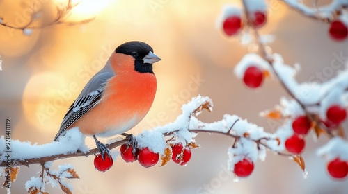 A vibrant bullfinch perched on a snow-covered branch during a tranquil winter...