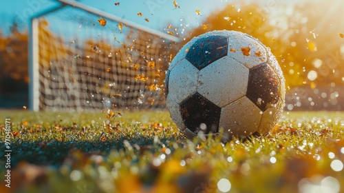 A sunset backdrop highlights a soccer ball nestled in the net after a success...