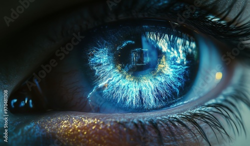 A close-up view of an intricately detailed eye capturing vibrant blue light a...