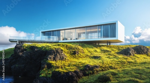 Modern architectural house on a green hillside under a clear blue sky at sunset