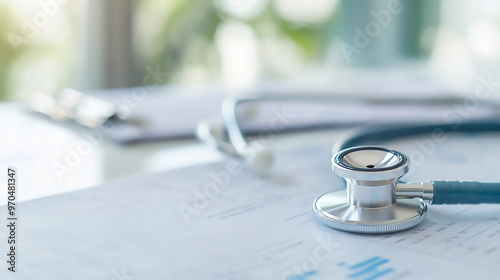 Close-up of a stethoscope on a desk with medical charts, clean and sterile background.