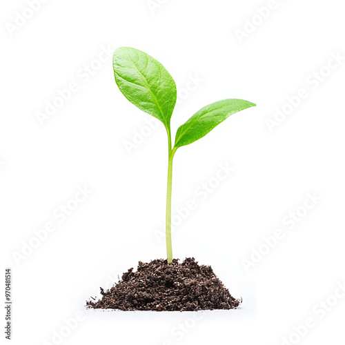 Young plant growing from soil, isolated on white background.