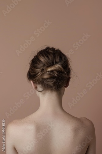 Slim young woman model with her bare back on studio background