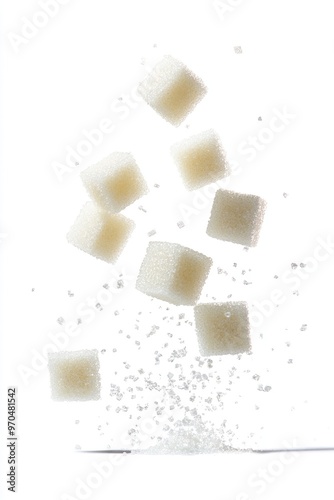 Pair of Falling Sugar Cubes in White Background. Close-up of Sweet Calorie Carbohydrate Set