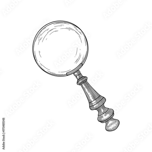hand drawn vintage magnifying glass black and white illustration