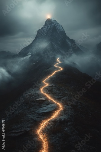 A glowing path winds through dark mountains towards a summit under a moody sk...