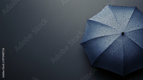 A blue umbrella rests on a dark surface with raindrops glistening under soft ...