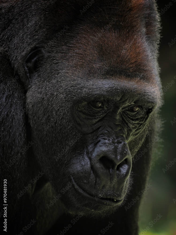 Naklejka premium Gorilla (Troglodytes gorilla) sitting on the ground. Gorilla is herbivorous apes that inhabit the forests of central Sub-Saharan Africa