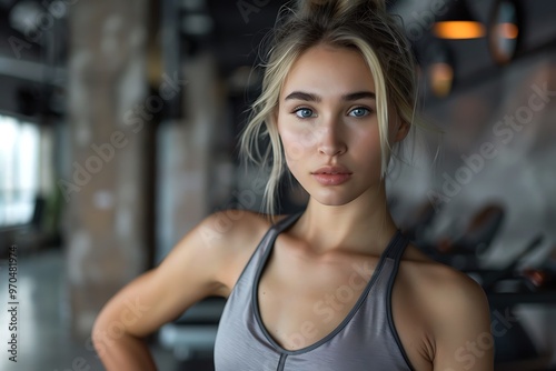 Chic woman in a sporty outfit, posing in a modern gym, portrait shot