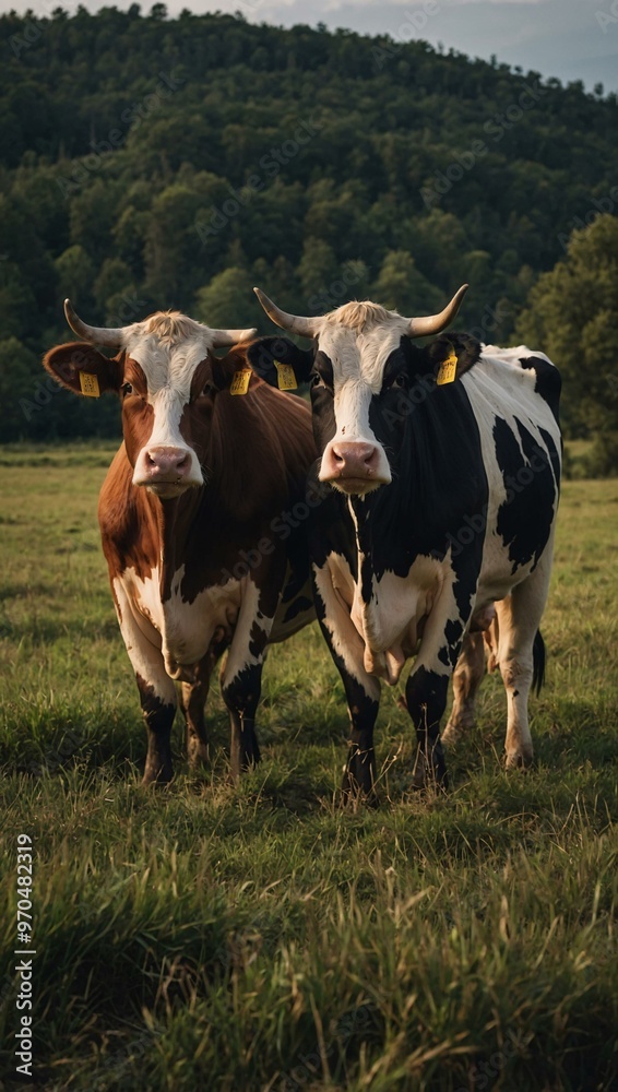 Two cows standing together in a field. Two cows standing together in a field.
