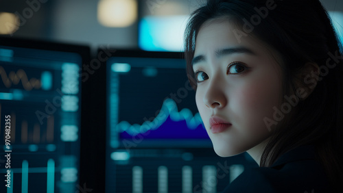 Asian female stock trader, currency exchange, crypto currency, investor, copy space, looking at the subject with a serious or sad expression

 photo