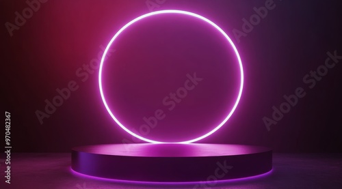 Neon pink circular light illuminates a display platform in a minimalistic stu...