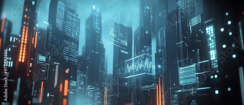Futuristic city skyline illuminated by glowing digital data projections at night