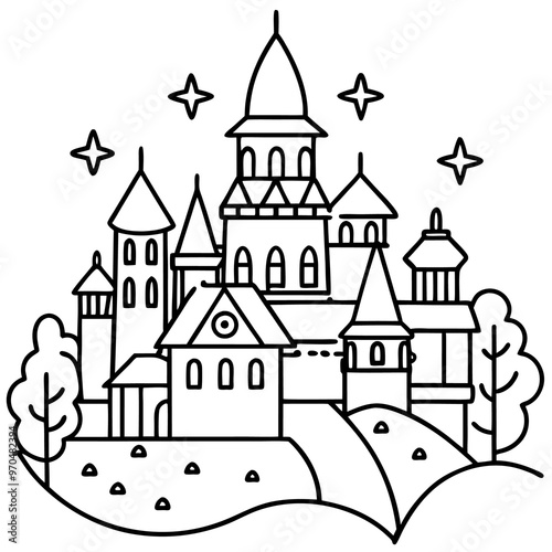 fantasy town outline coloring book page line art drawing