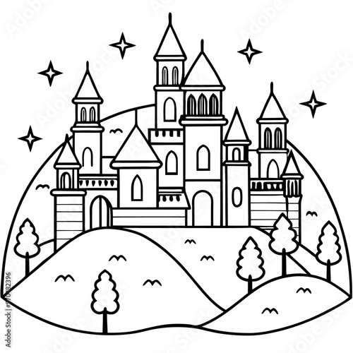 fantasy town outline coloring book page line art drawing