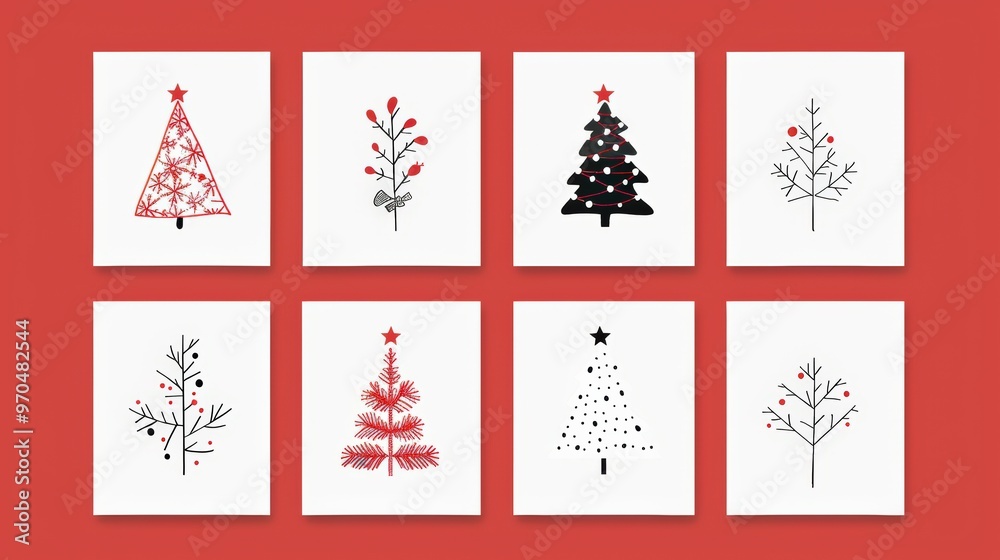 A collection of festive Christmas tree illustrations in various styles, holiday-themed design projects. A collection of festive Christmas tree illustrations in various styles, holiday-themed design projects.