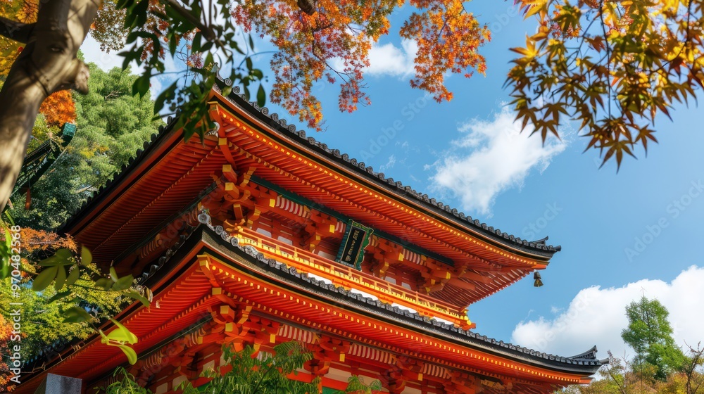 A vibrant temple roof surrounded by autumn foliage under a clear blue sky, showcasing traditional architecture and nature. A vibrant temple roof surrounded by autumn foliage under a clear blue sky, showcasing traditional architecture and nature.