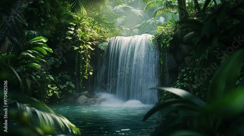 A peaceful waterfall in a tropical jungle setting, with large green leaves and vines framing the scene.