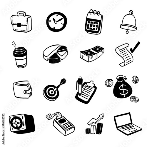 These icons collectively highlight themes of business management, finance, productivity, and professionalism.