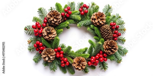 Beautiful Christmas wreath adorned with pinecones and red berries, perfect for holiday decorations