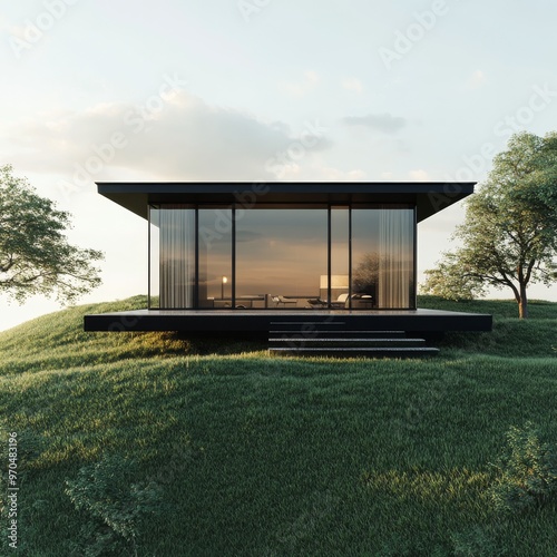 Modern minimalist house on a green hillside during sunset with large glass wi...