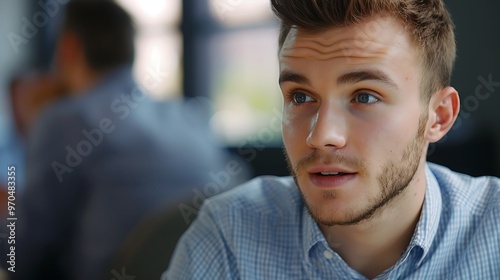 Close up of a candidates face showing anticipation and readiness, highlighting the emotions during an interview process