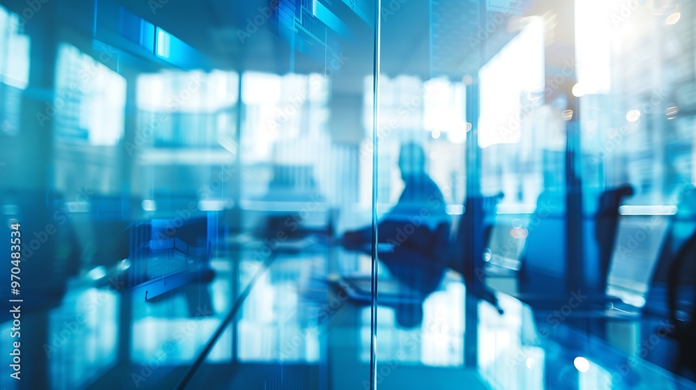 Businessperson in a blue lit conference room, modern office setting, copy space, portrait shot Businessperson in a blue lit conference room, modern office setting, copy space, portrait shot