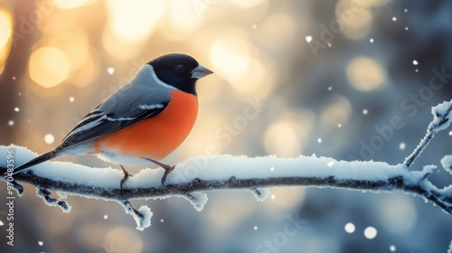 A vibrant bullfinch perched on a snow-covered branch during a tranquil winter...