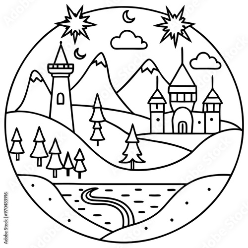 fantasy world outline coloring book page line art drawing