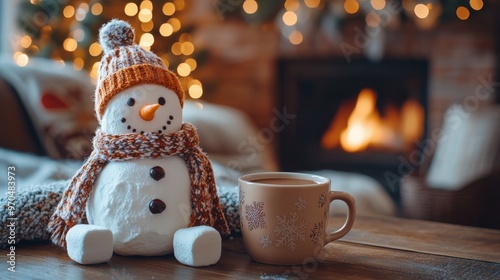 A cozy winter setting with a snowman, warm drink, and festive decorations nea...