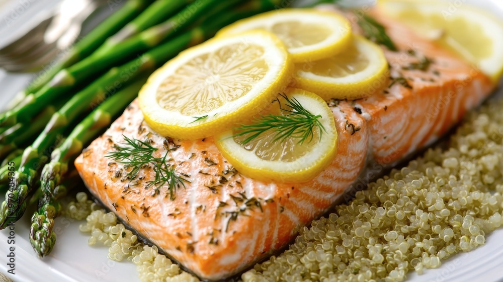 A plate of baked salmon topped with lemon slices and fresh dill, served with a side of steamed asparagus and quinoa. A plate of baked salmon topped with lemon slices and fresh dill, served with a side of steamed asparagus and quinoa.