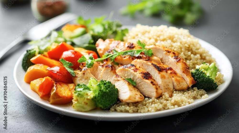 A plate of grilled chicken with steamed vegetables and quinoa, arranged neatly for a healthy meal concept. A plate of grilled chicken with steamed vegetables and quinoa, arranged neatly for a healthy meal concept.