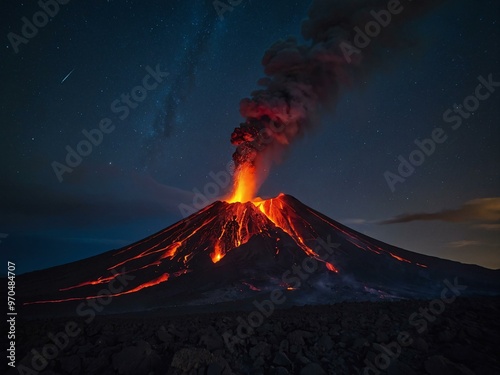 Volcano erupting under a starry sky with lava flow. photo