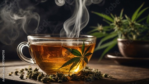 Warm cup of cannabis-infused tea with steam rising.