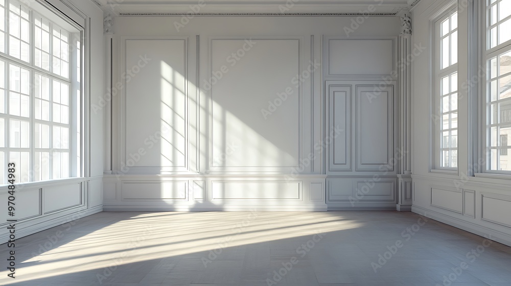 An empty room with white walls and a wooden floor. Sunlight streams through two large windows, casting long shadows across the room. An empty room with white walls and a wooden floor. Sunlight streams through two large windows, casting long shadows across the room.