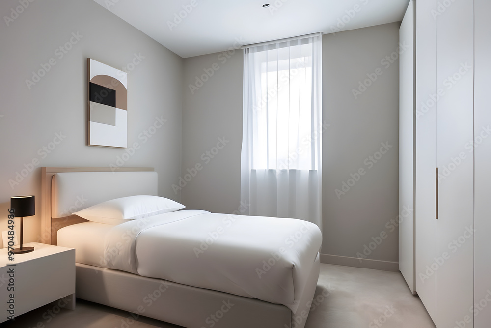 Fototapeta premium A minimalist modernized white decorated single bedroom design