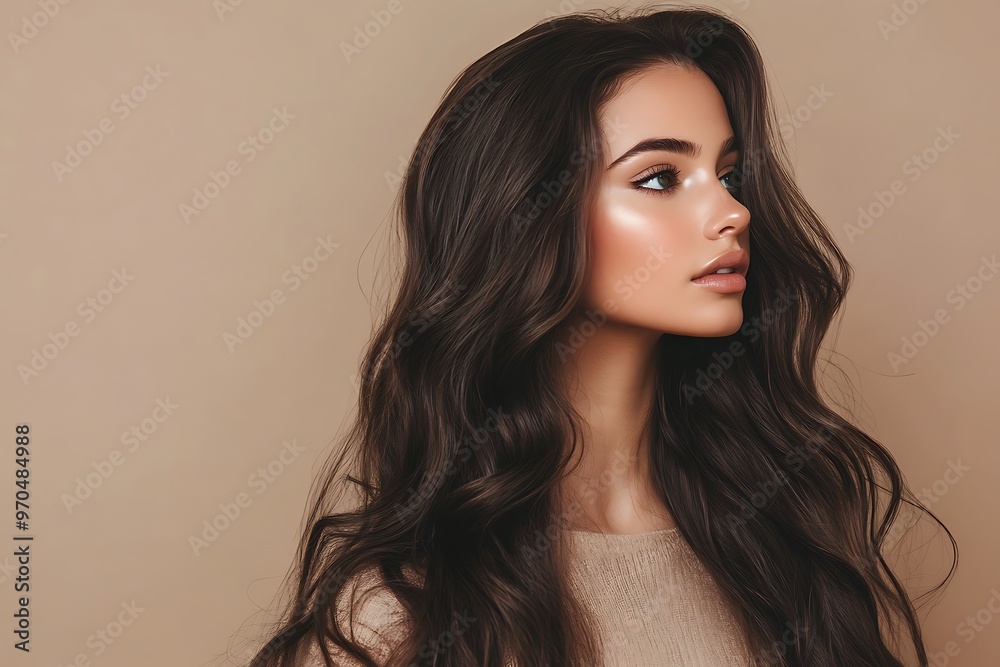 Portrait of a beautiful brunette woman with luxurious long hair isolated on beige background
Portrait of a beautiful brunette woman with luxurious long hair isolated on beige background