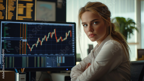 White female stock trader, currency exchange, crypto currency, investor, copy space, looking at the subject with a serious or sad expression
 photo