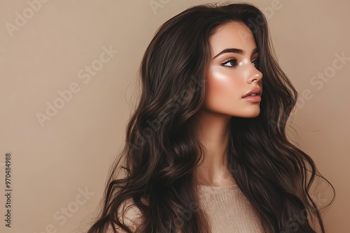 Portrait of a beautiful brunette woman with luxurious long hair isolated on beige background 