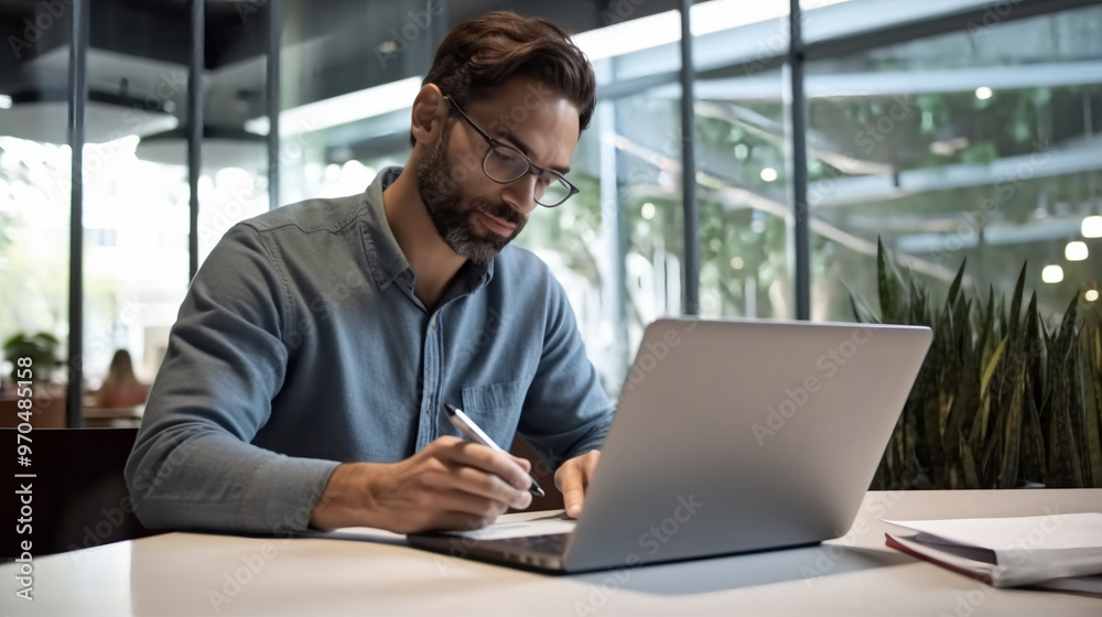 A man is writing in his notebook while sitting at a table with an open laptop in front of him, looking focused and confident. A man is writing in his notebook while sitting at a table with an open laptop in front of him, looking focused and confident.
