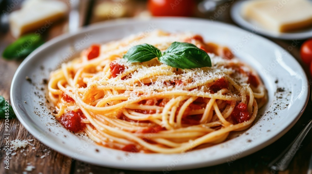 A plate of pasta with tomato sauce and basil, garnished with parmesan cheese, on a rustic table setting. A plate of pasta with tomato sauce and basil, garnished with parmesan cheese, on a rustic table setting.