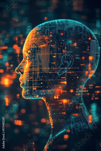 A glowing circuit-filled silhouette of a human head on a dark background