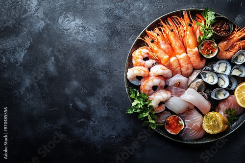 Fresh seafood platter with shrimp, mussels, and fish fillets on a black background. photo