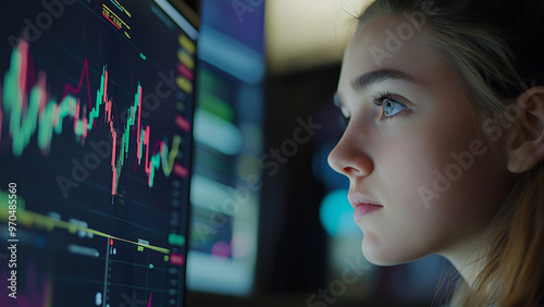 White female stock trader, currency exchange, crypto currency, investor, copy space, looking at the subject with a serious or sad expression
 photo